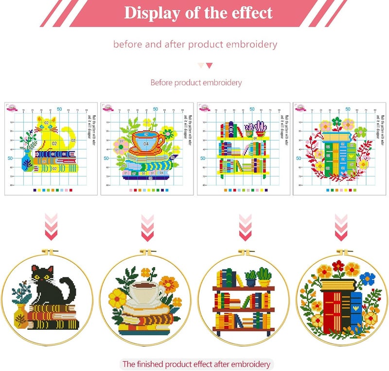 Zhenqing 4 Themes Cross Stitch Kit Set - 11CT 9.45x9.45Inch, Coffee/Books/Cats/Floral Designs, DIY Embroidery Kit with Full Tools (Hoops, Scissors, Tassels) & Guide, Cozy Home Decor Gift(69601) - Image 4